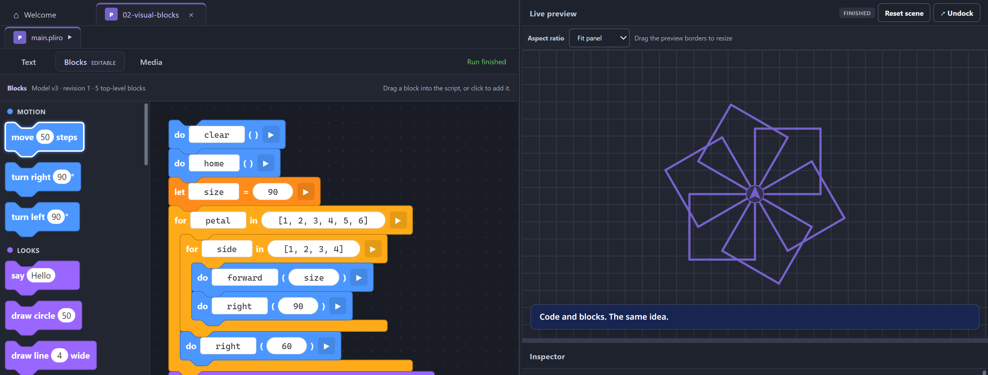 Pliro visual blocks with nested loops and turtle movement commands
