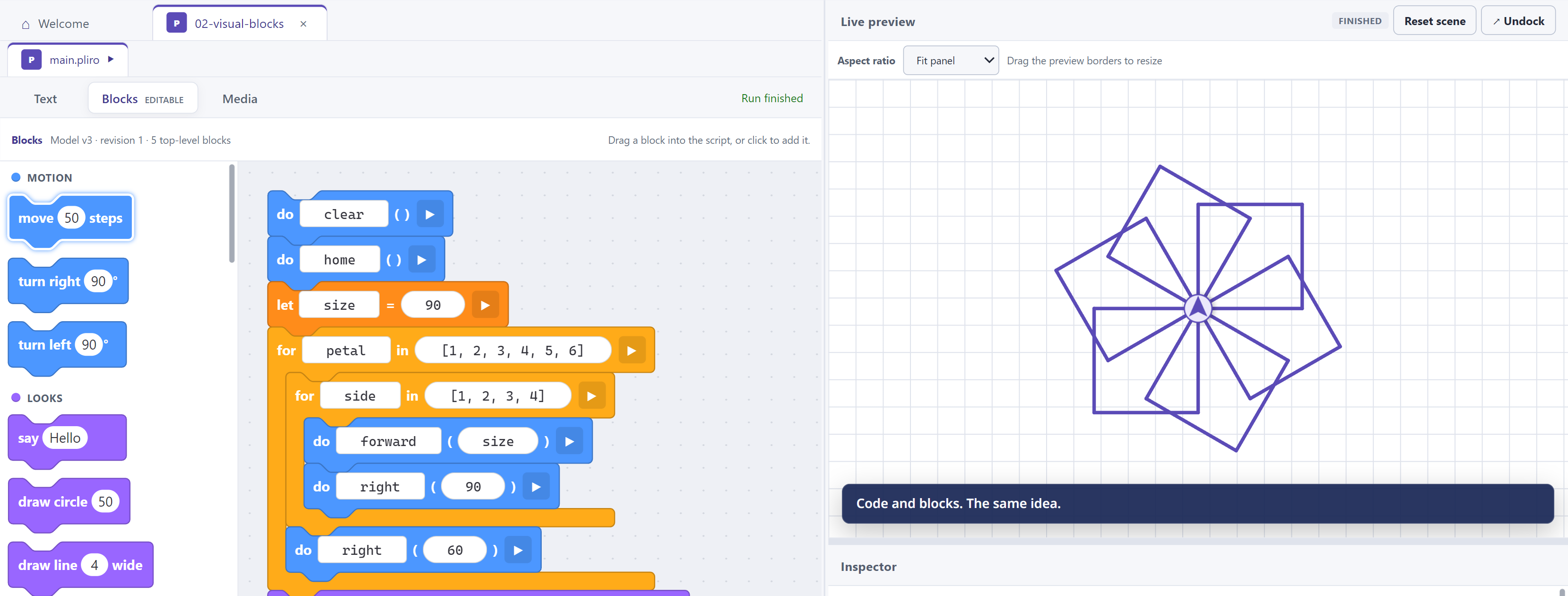 Pliro visual blocks with nested loops and turtle movement commands