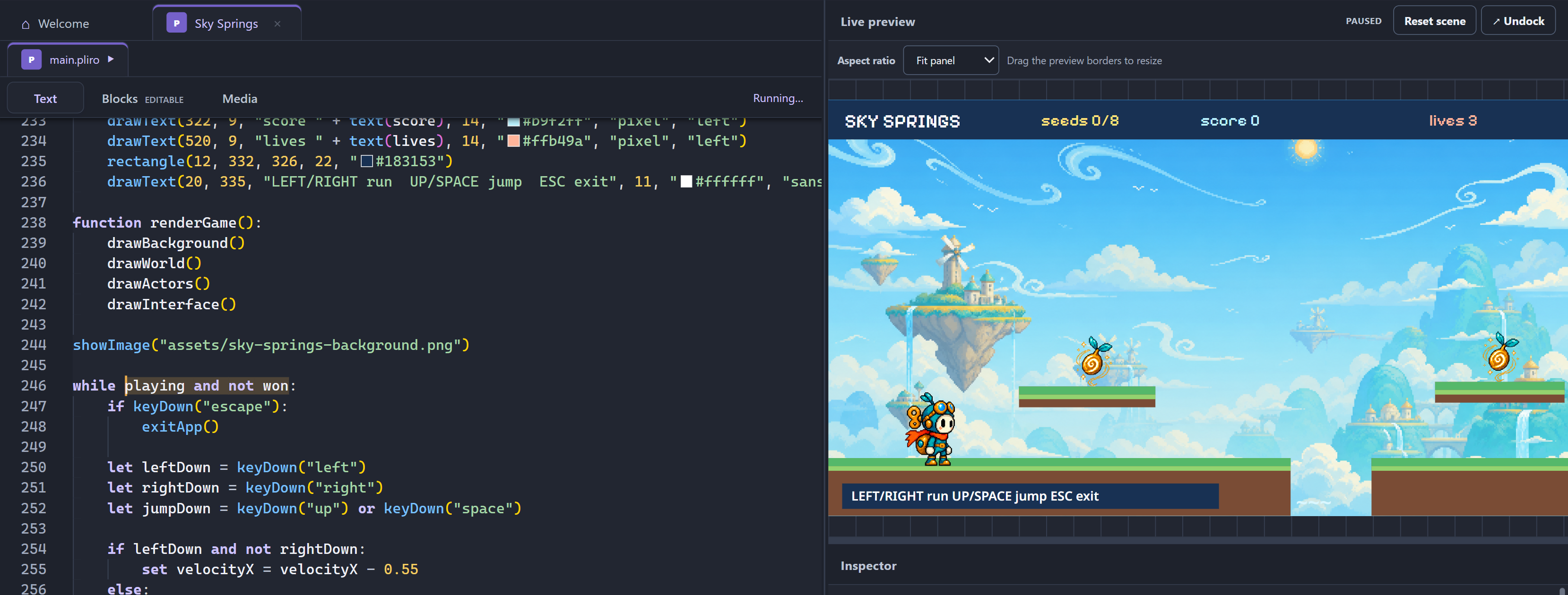 Sky Springs paused and its Pliro source code visible