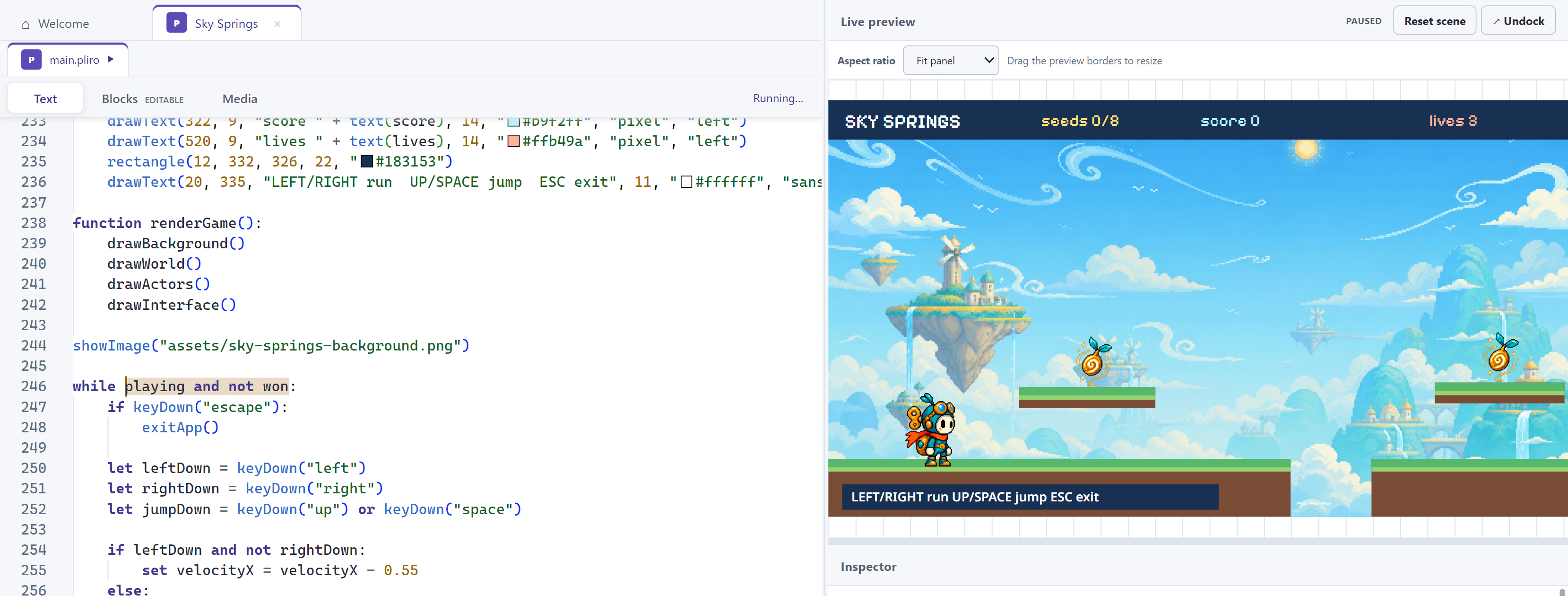 Sky Springs paused and its Pliro source code visible