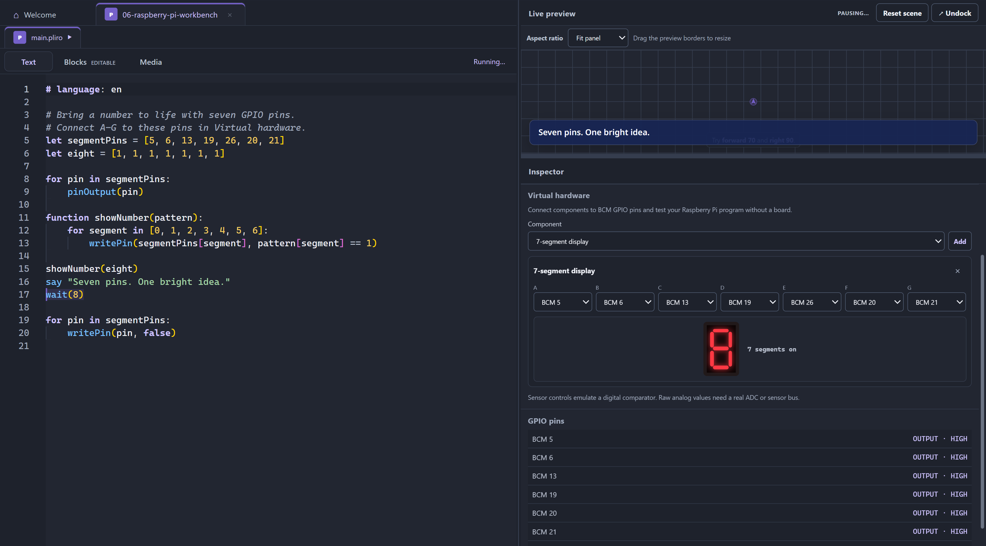 Pliro code drives a virtual seven-segment display showing the number eight