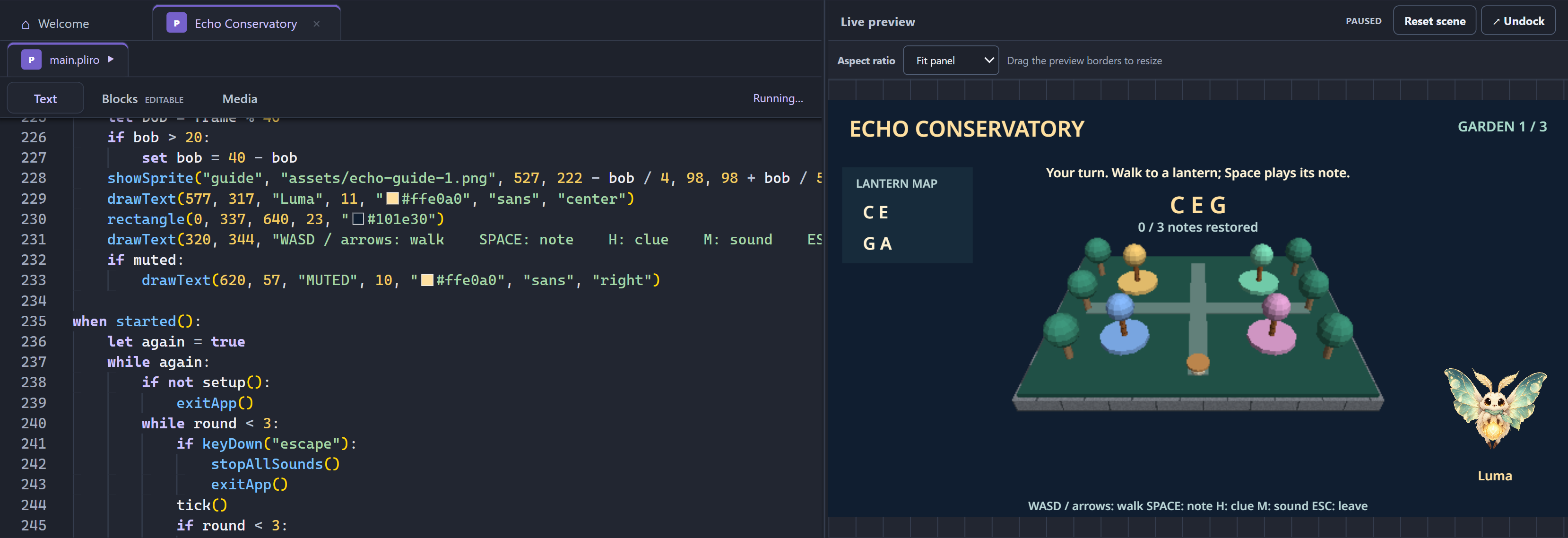 Echo Conservatory running in the Pliro IDE