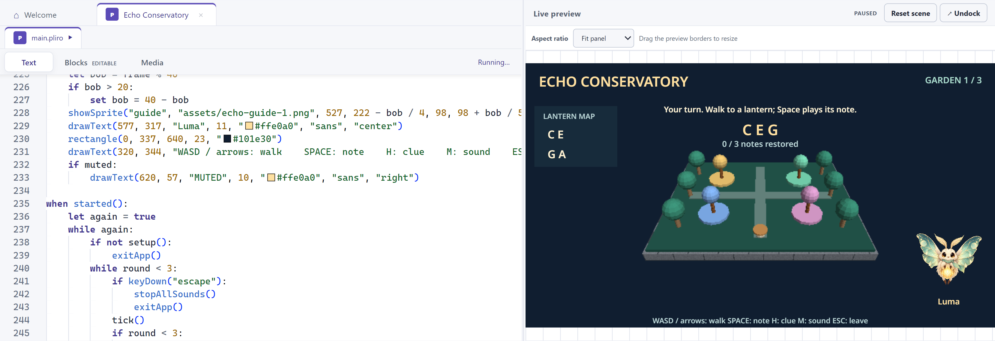 Echo Conservatory running in the Pliro IDE