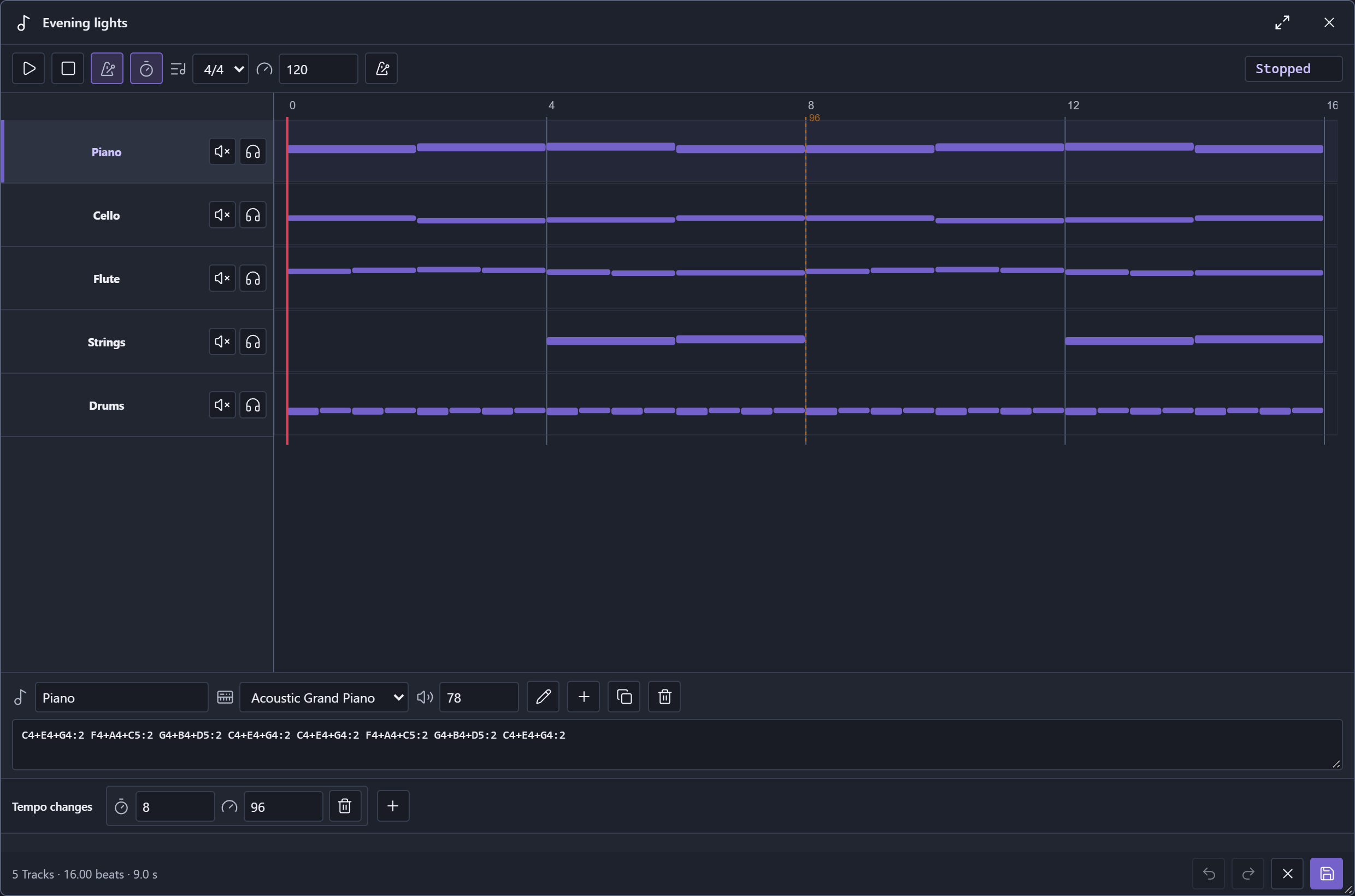 The shared Pliro music composer in the browser playground, with tracks, notes, volume and tempo controls