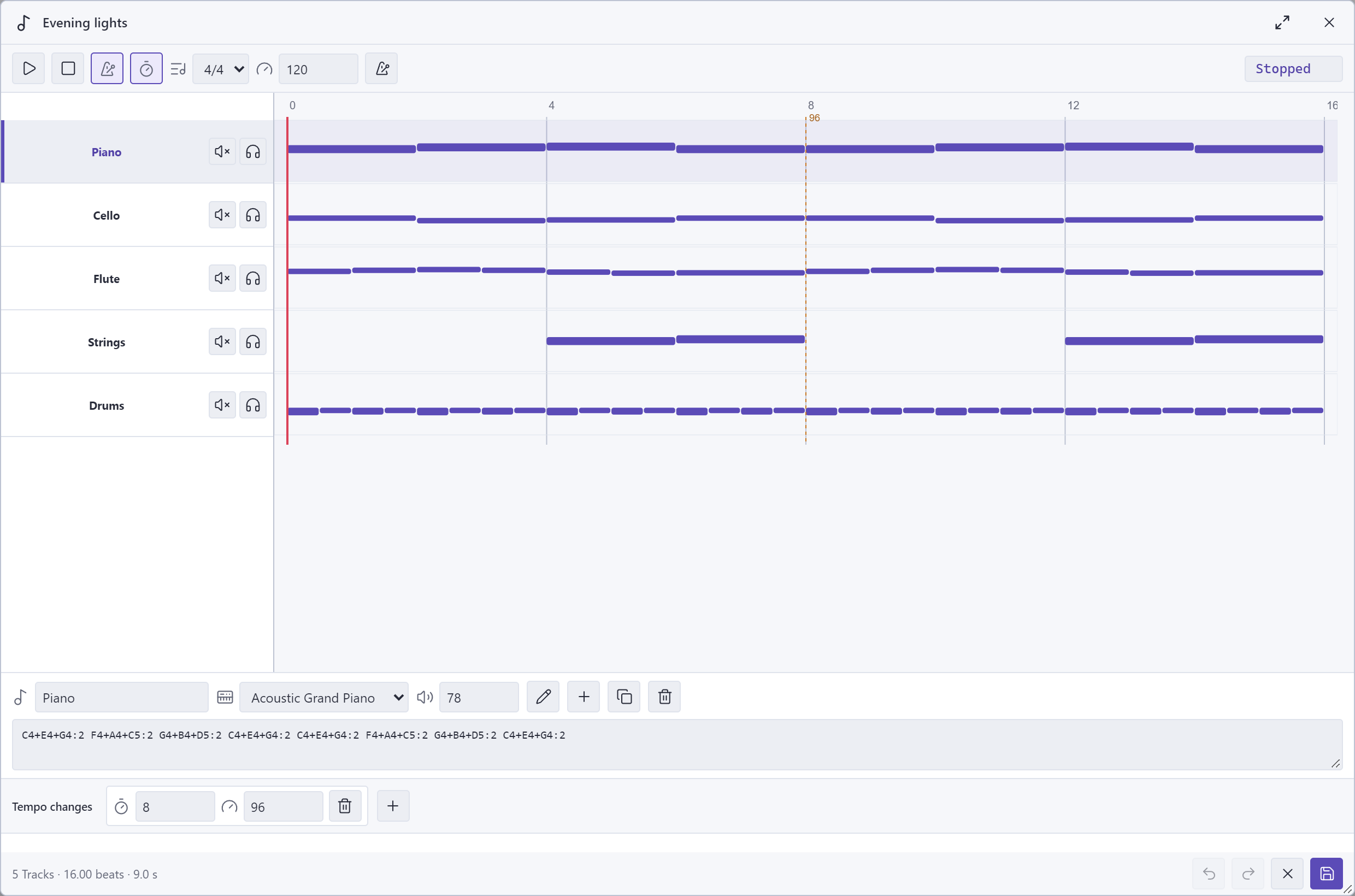 The shared Pliro music composer in the browser playground, with tracks, notes, volume and tempo controls