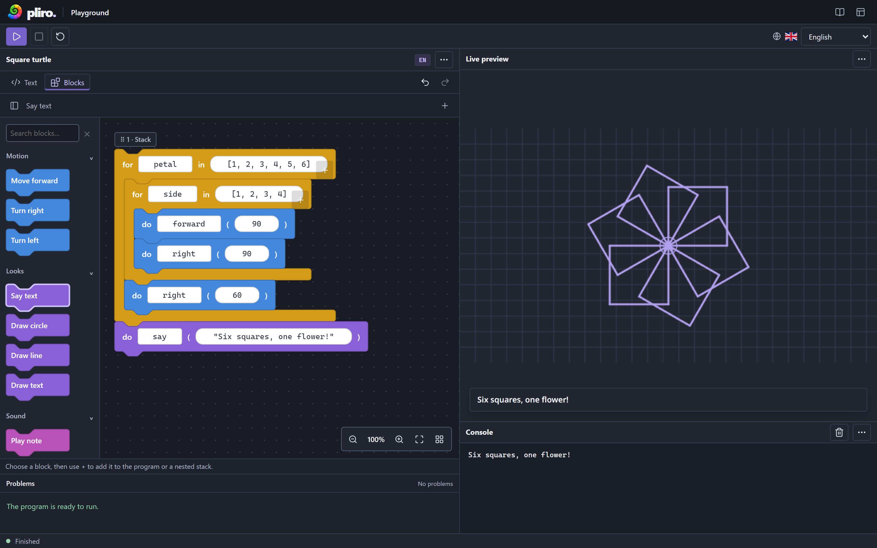 The browser playground with its block palette, nested program blocks, compact toolbar and live preview