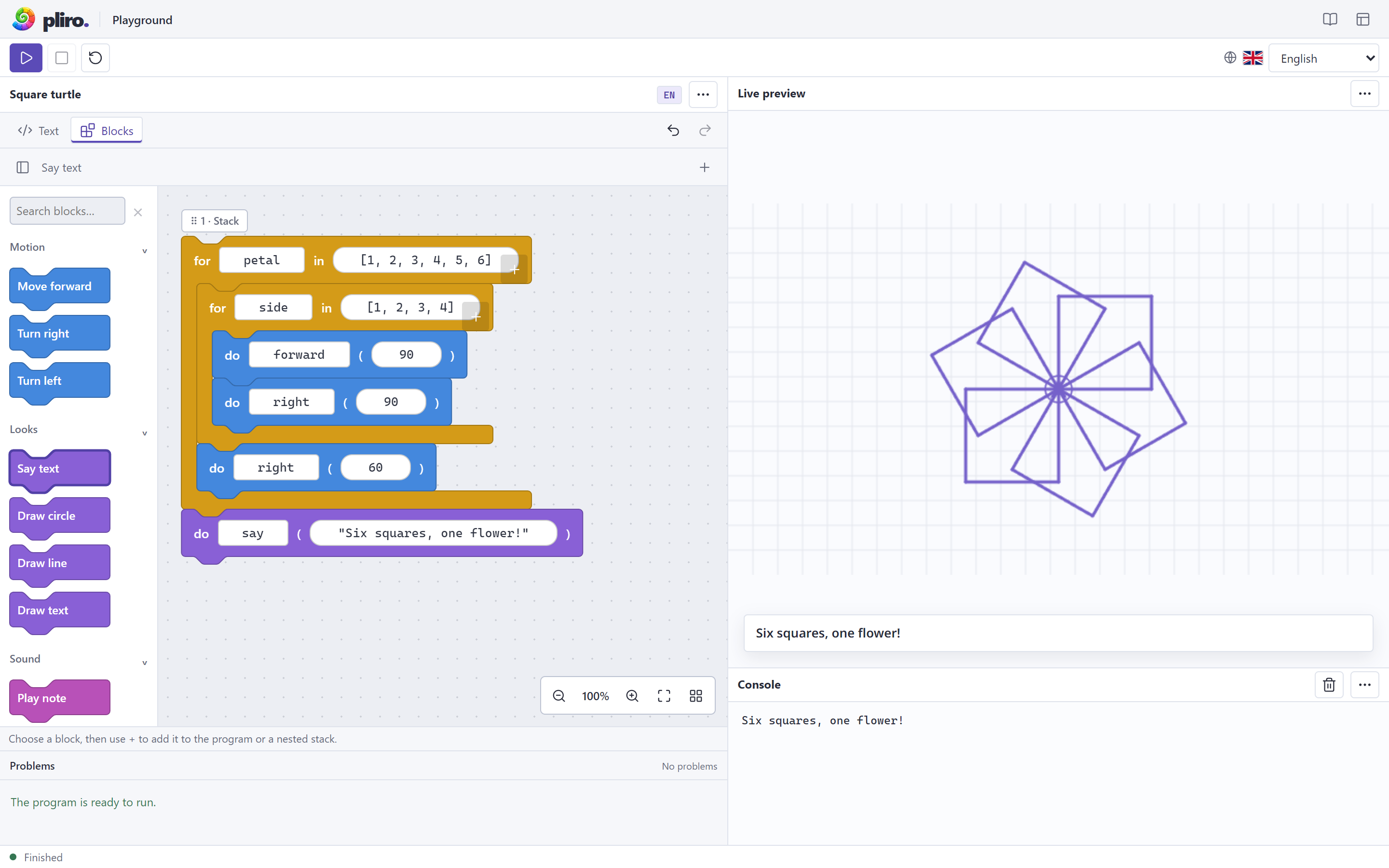 The browser playground with its block palette, nested program blocks, compact toolbar and live preview