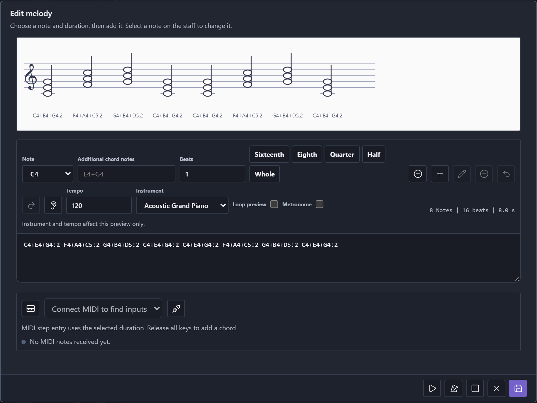 The shared melody editor in the browser playground with staff, note durations and MIDI input controls