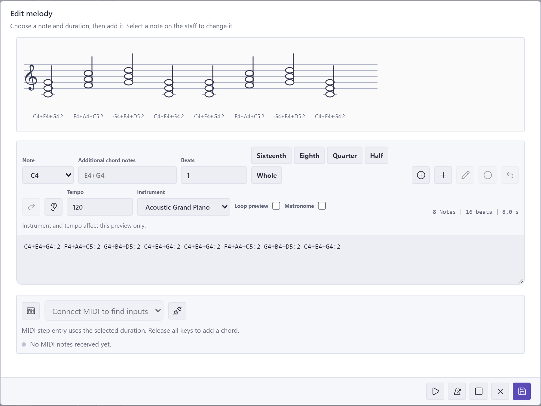 The shared melody editor in the browser playground with staff, note durations and MIDI input controls
